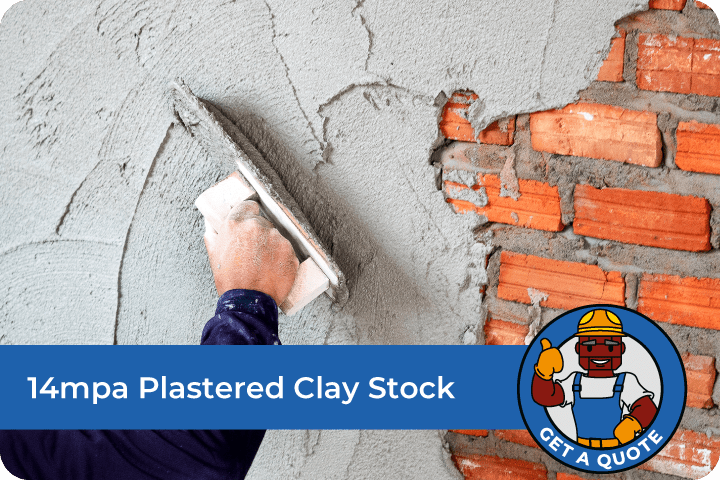a man plastering a brick wall with text reading 14mpa Plastered Clay Stock